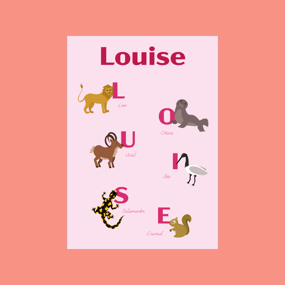 Affiche prénom personnalisée – Animaux & couleurs au choix